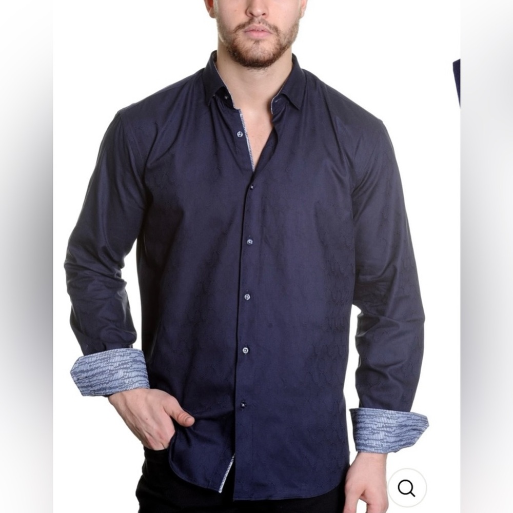 Mizumi Dark Blue casual long sleeve tab button down collar modern fit shirt.